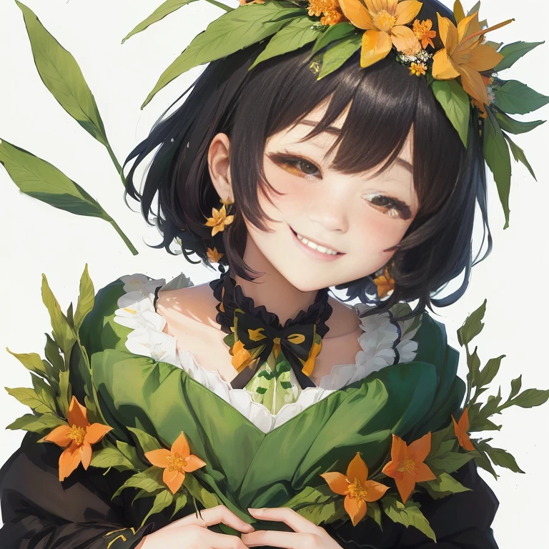 anime girl with flower crown and green dress holding orange flowers, ayaka genshin impact, flowers on heir cheeks, shikamimi, hanayamata, [[[[grinning evily]]]], anime moe artstyle, high quality portrait, rin, cunning smile, dressed in laurel wreath, flower queen, hana yata, by Kamagurka