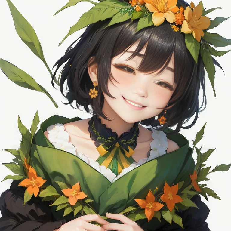 anime girl with flower crown and green dress holding orange flowers, ayaka genshin impact, flowers on heir cheeks, shikamimi, hanayamata, [[[[grinning evily]]]], anime moe artstyle, high quality portrait, rin, cunning smile, dressed in laurel wreath, flower queen, hana yata, by Kamagurka