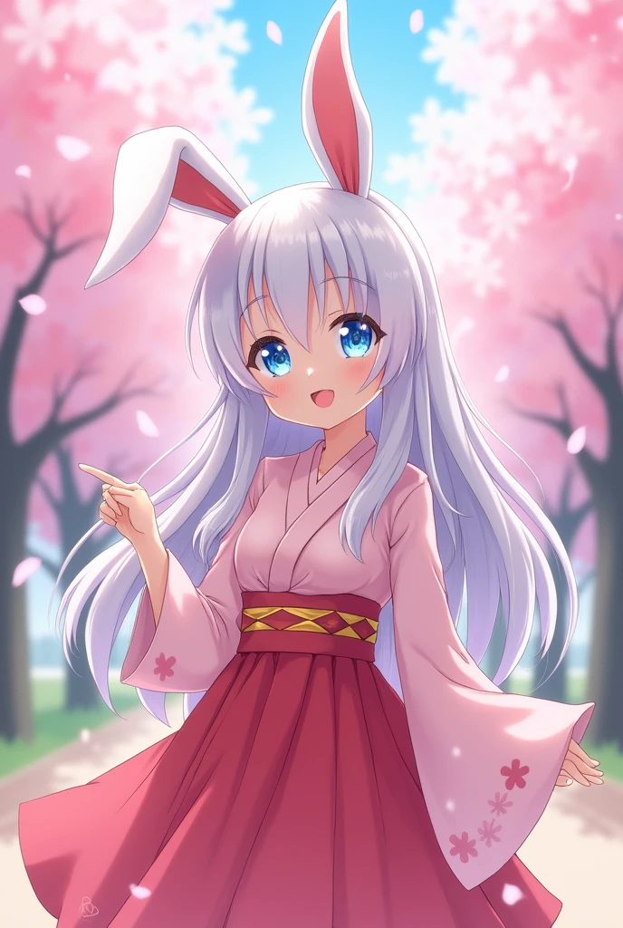 Anime girl kawaii with white long hair blue eyes bunny ears and pink japanese uniform