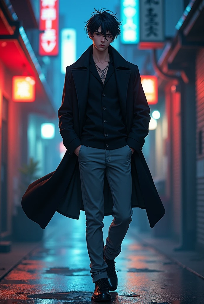 A 21 year old young man with jujutsu kaisen features wearing a black overcoat, short messy black hair and gray pants wearing a shoe