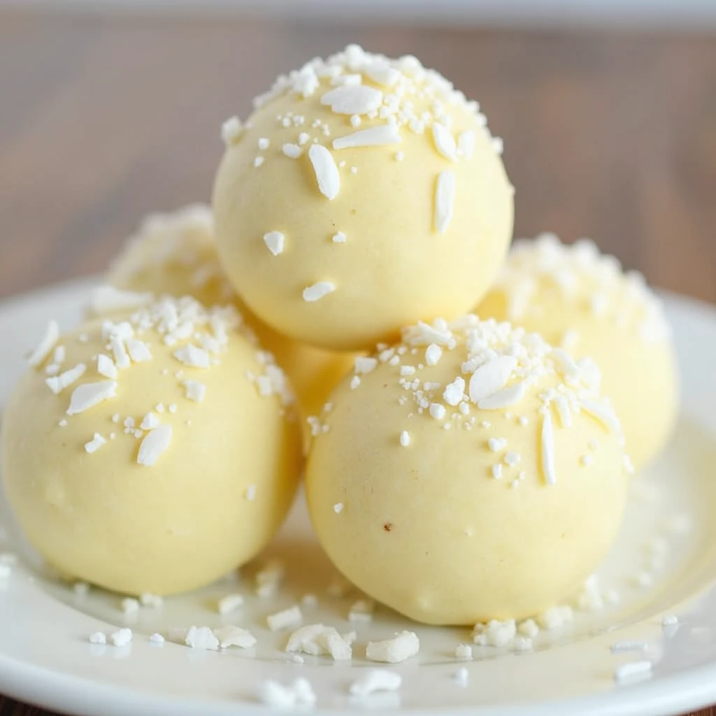 Sweet White Chocolate Coconut Balls, sprinkled with coconut flakes