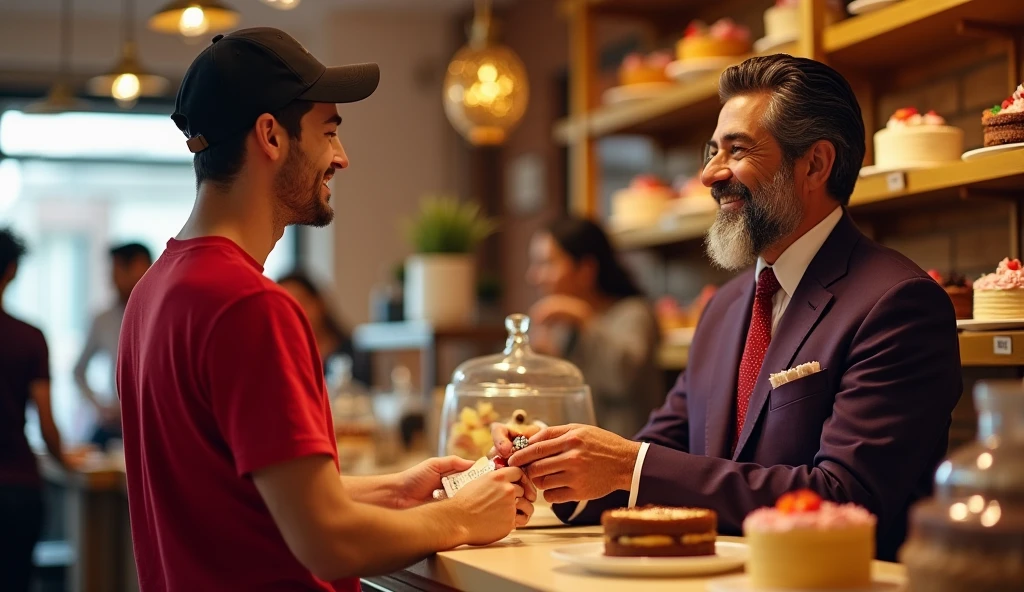 A handsome young he is only 24 year old guy who is a staff at a cake shop, is wearing a red T-shirt and a cap. He is talking to a customer from the other side of the counter, who is wearing a dark purple 3 piece suit. He is 40 years old, has black hair but light white beard  That customer is giving 5000 rupees to that sales staff 