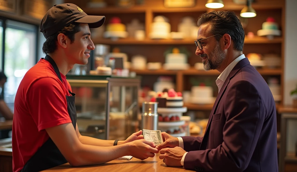 A handsome young he is only 24 year old guy who is a staff at a cake shop, is wearing a red T-shirt and a cap. He is talking to a customer from the other side of the counter, who is wearing a dark purple 3 piece suit. He is 40 years old, has black hair but light white beard That customer is giving 5000 rupees to that sales staff