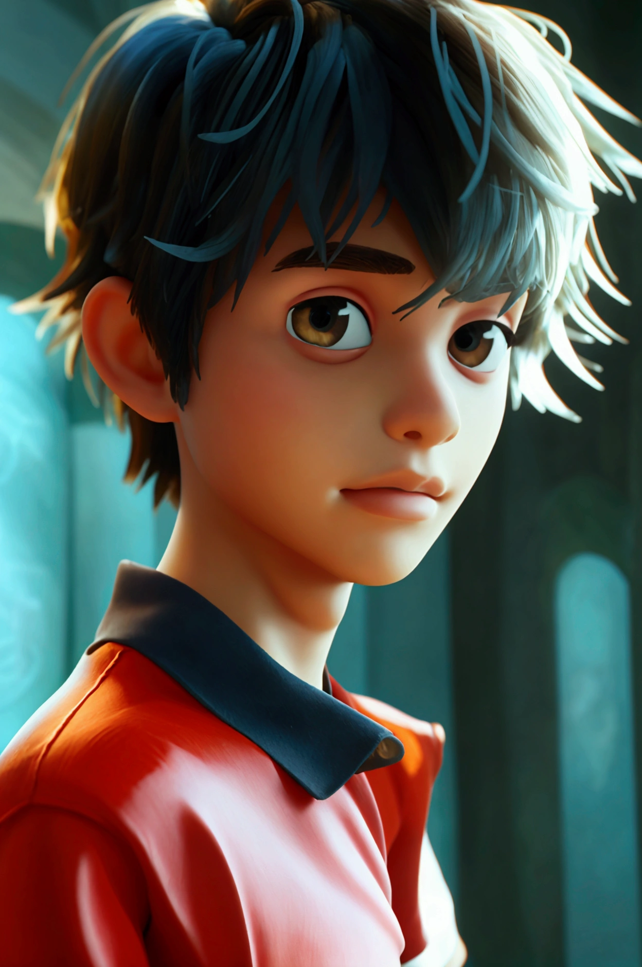 A YOUNG MAN LOOKING AT THE CAMERA, FROM THE FRONT, WITH A RED POLO T-SHIRT, 3D PIXAR STYLE