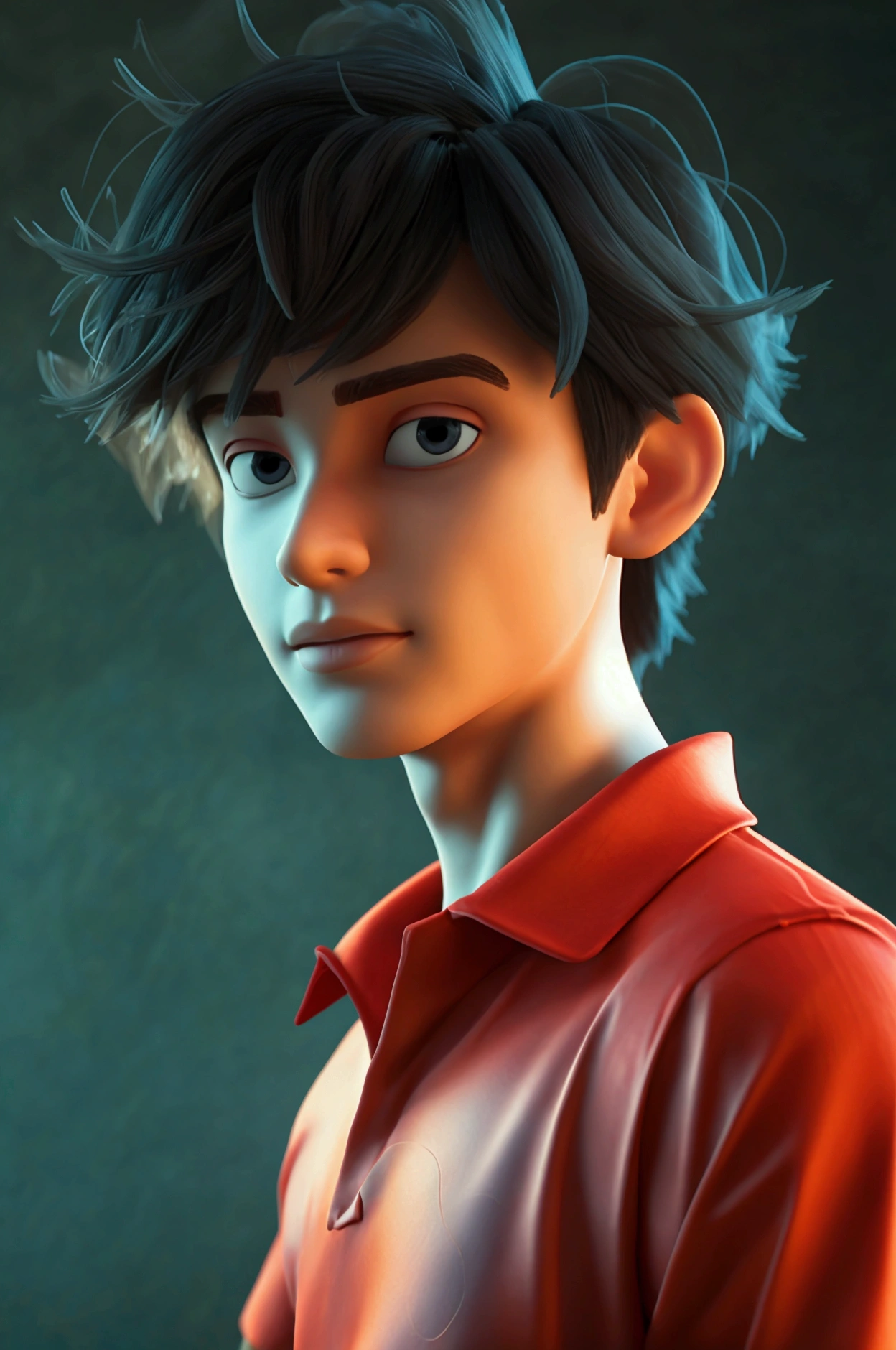 A YOUNG MAN LOOKING AT THE CAMERA, FROM THE FRONT, WITH A RED POLO T-SHIRT, 3D PIXAR STYLE