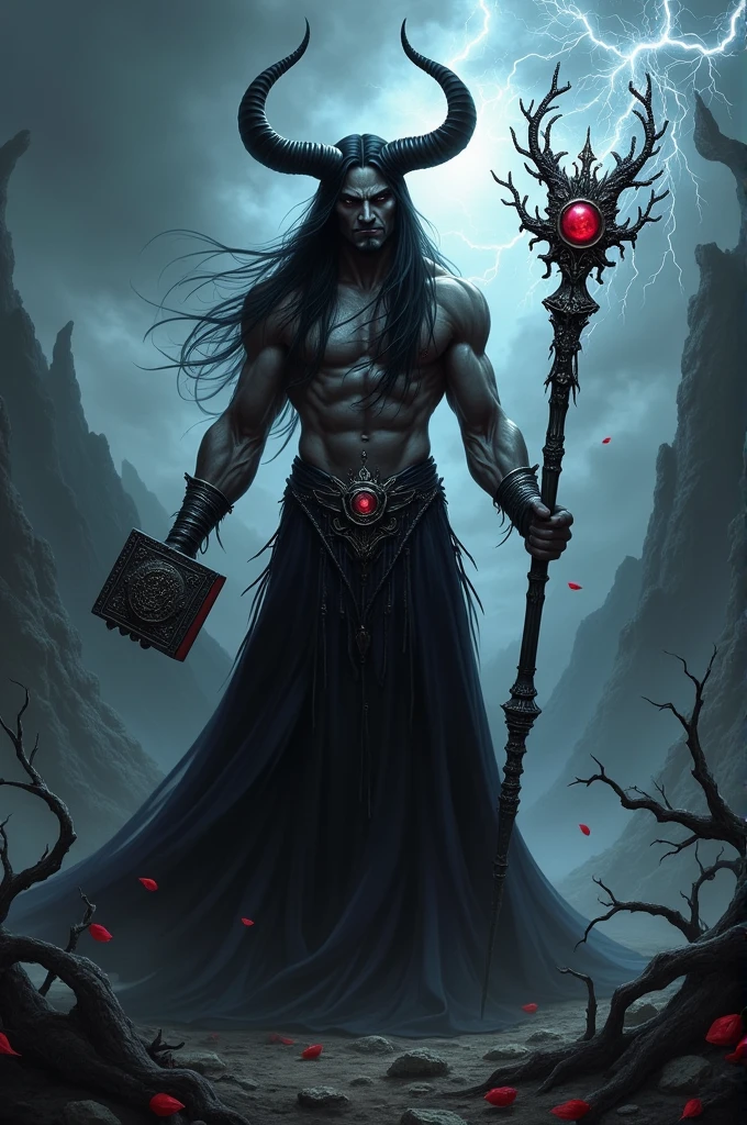 A devil with strong body black hair black aura surrounding him with magic book holding and black stick