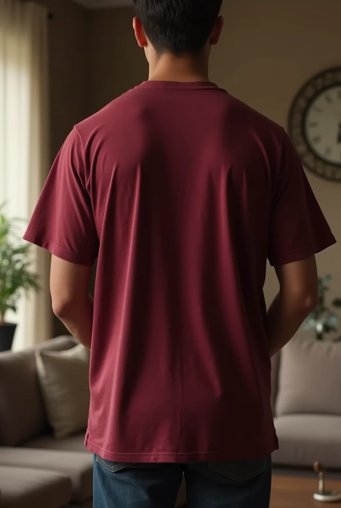 "Create an image of a maroon oversized T-shirt, made from a soft, comfortable cotton fabric. Realstic  by back Side men
