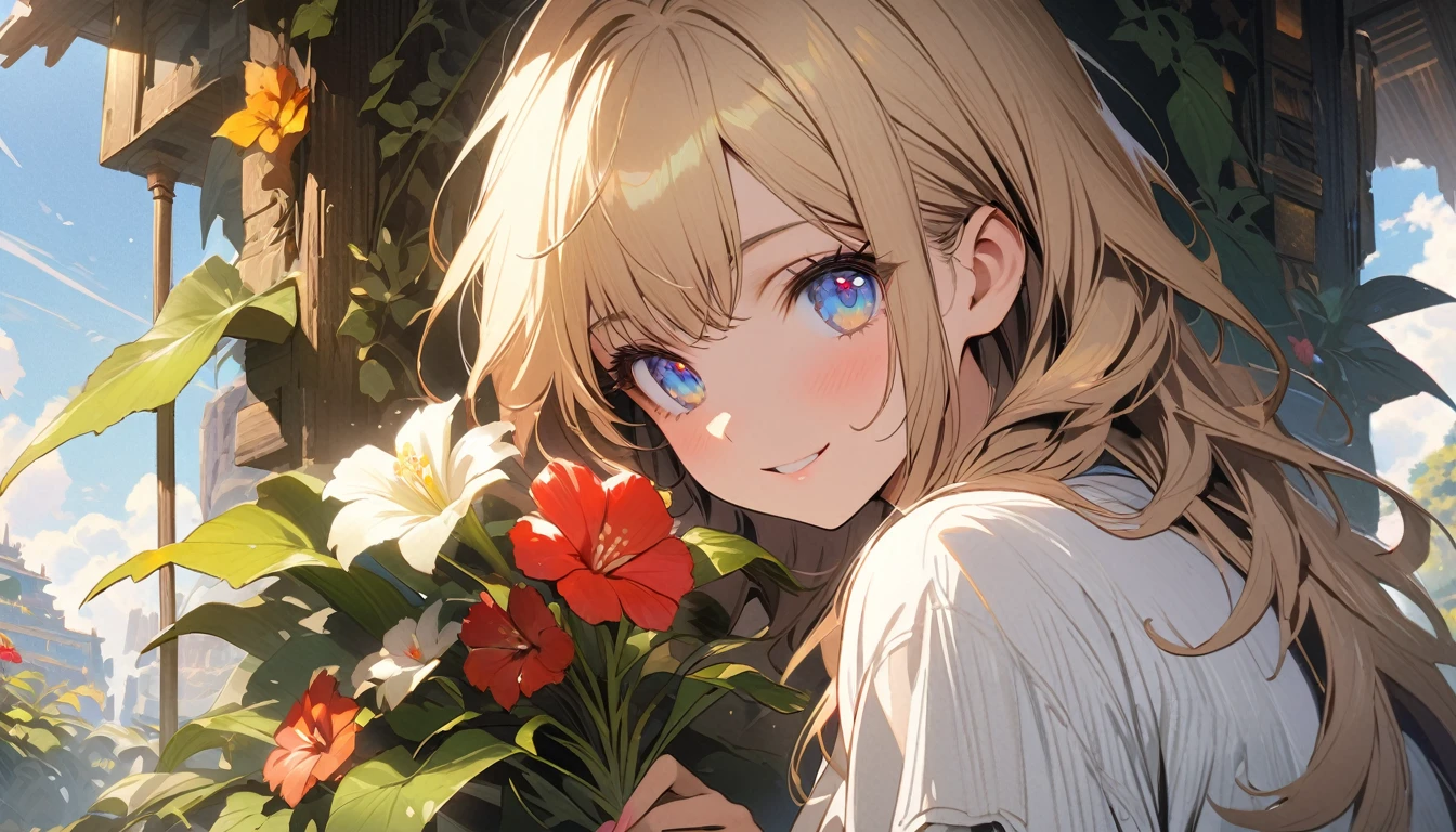 (Girl tending to flower in garden), gorgeous girl, beautiful face, (finely detailed beautiful eyes: 1.3), double eyelids, (eyelash: 1.2), shaggy hair, gentle smile), classy,
magnificent hanging gardens of ancient Babylon in the sky, A lush landscape with a wide variety of plants on tiered terraces, Irrigated with water from the Euphrates River, Archimedes' spiral and other techniques are used, magnificent city of Babylon in the background of the garden, sun shining under a blue sky, colorful flowers and trees, exotic atmosphere,
((best quality: 1.2, very detailed, ultra-high resolution, absurdres: 1.3, highres: 1.3, masterpiece: 1.2, top quality, best aesthetic, fine texture, perfect lighting: 1.2, best shadow, sharp focus: 1.3, high contrast, high color saturation)), (anatomically correct, perfect hands: 1.2), (professional photography:1.2), landscape view, cinematic lighting, anime style,