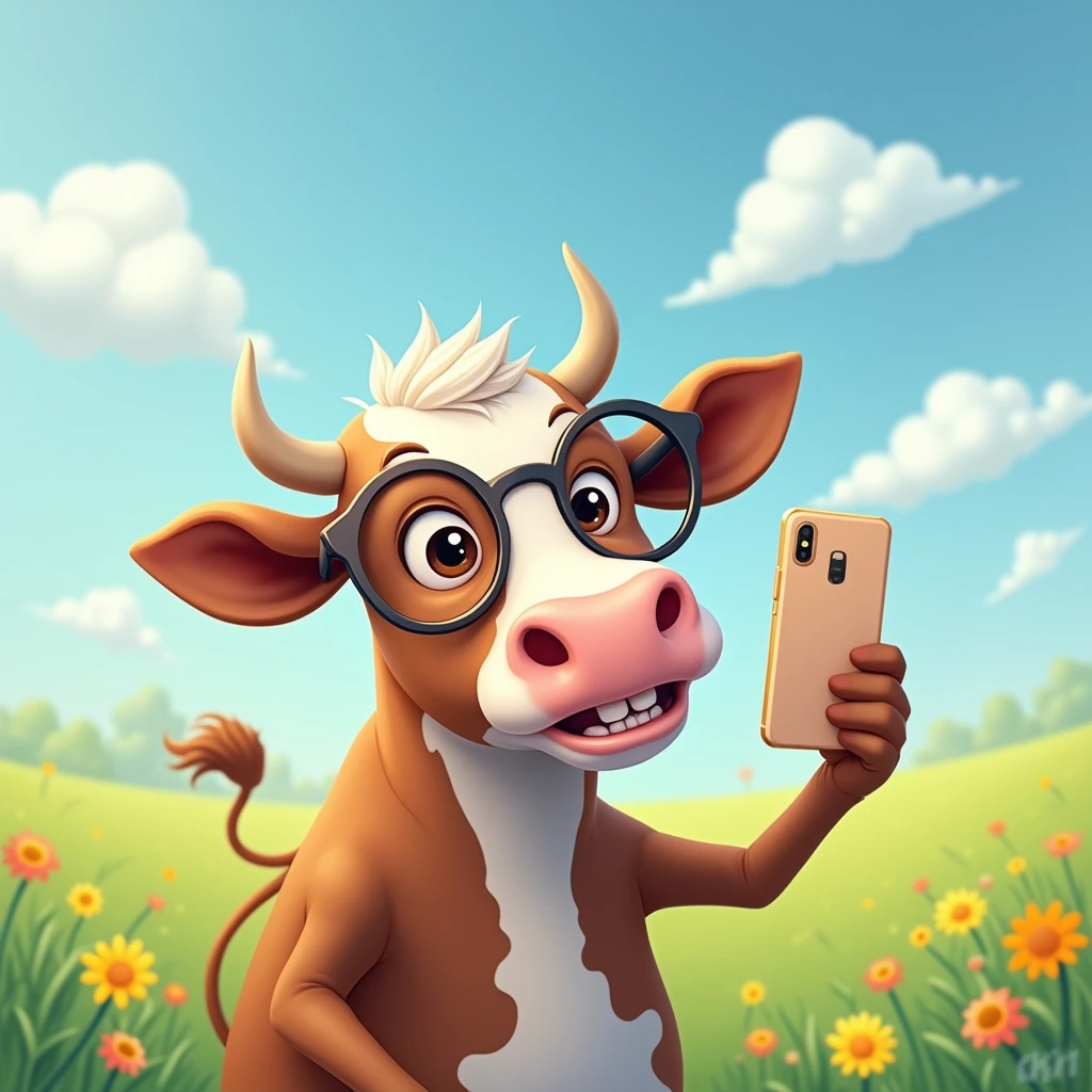 A funny cow takes a selfie wearing glasses