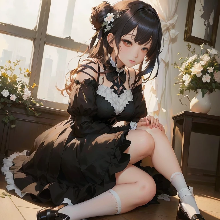 anime girl sitting on the floor with her legs crossed,  in dress, cute anime waifu in a nice dress, anime girl wearing a black dress, guweiz on pixiv artstation, , artwork in the style of guweiz, guweiz on artstation pixiv, cute anime girl, guweiz, smooth anime cg art