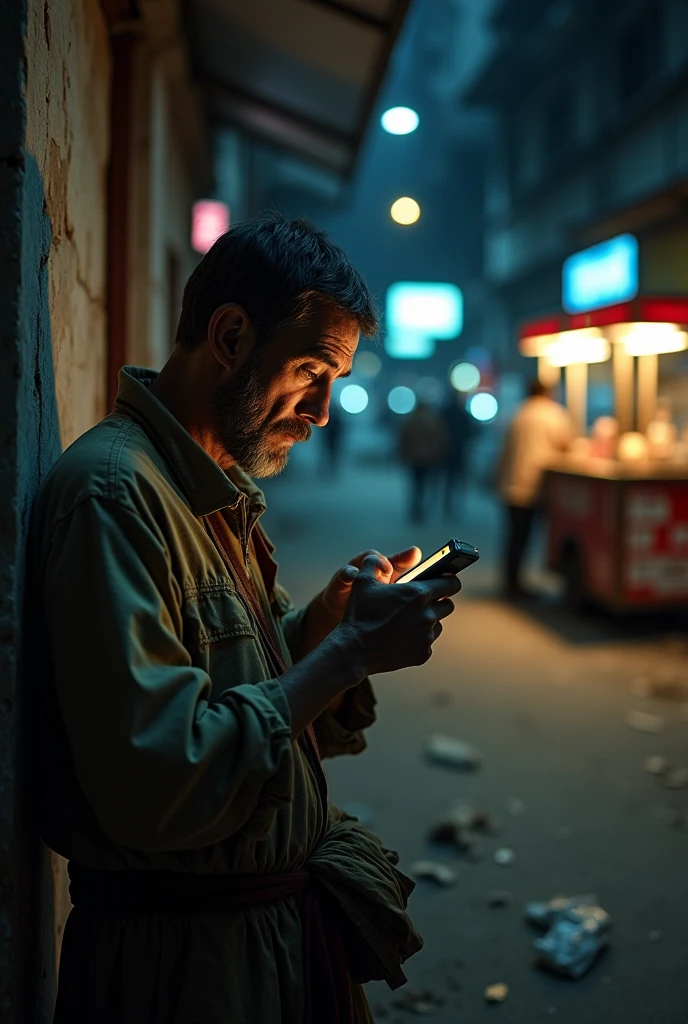 Show me a man who is extremely hungry and poor, with a phone in his hand.