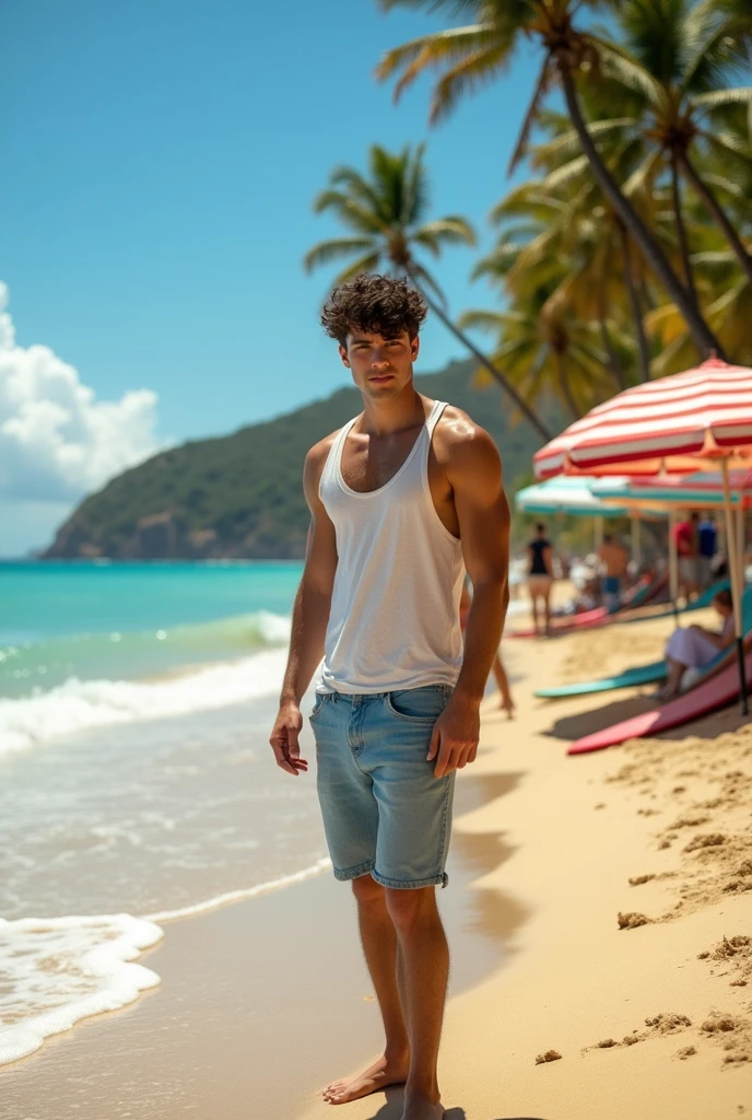 Hansome dude hearing music in the beach