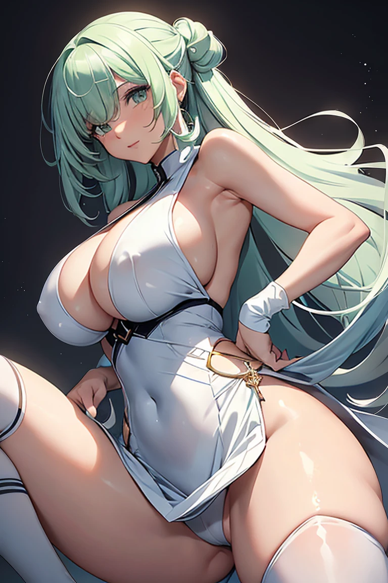 (girl1), (woman1), (Girl solo portrait:1,5), (slender body), (structured), (hot), (mature and sexual body), (big ass), (mature and sexual body) , (slender body), (physical attributes such as large breasts and ass), (white skin color), (super mega hyper giant breasts: 1.5), (with long green hair),(Green eyes), (green eyes), (woman of 18 years old, with white socks), (wears), +, (and a sexy dress, dressed in a heroine costume consisting of a white sleeveless jumpsuit, and the jumpsuit shows her legs which makes her very sensual, look at the size of her breasts , are size AA+), (anime), Best quality. NSfW,hentai