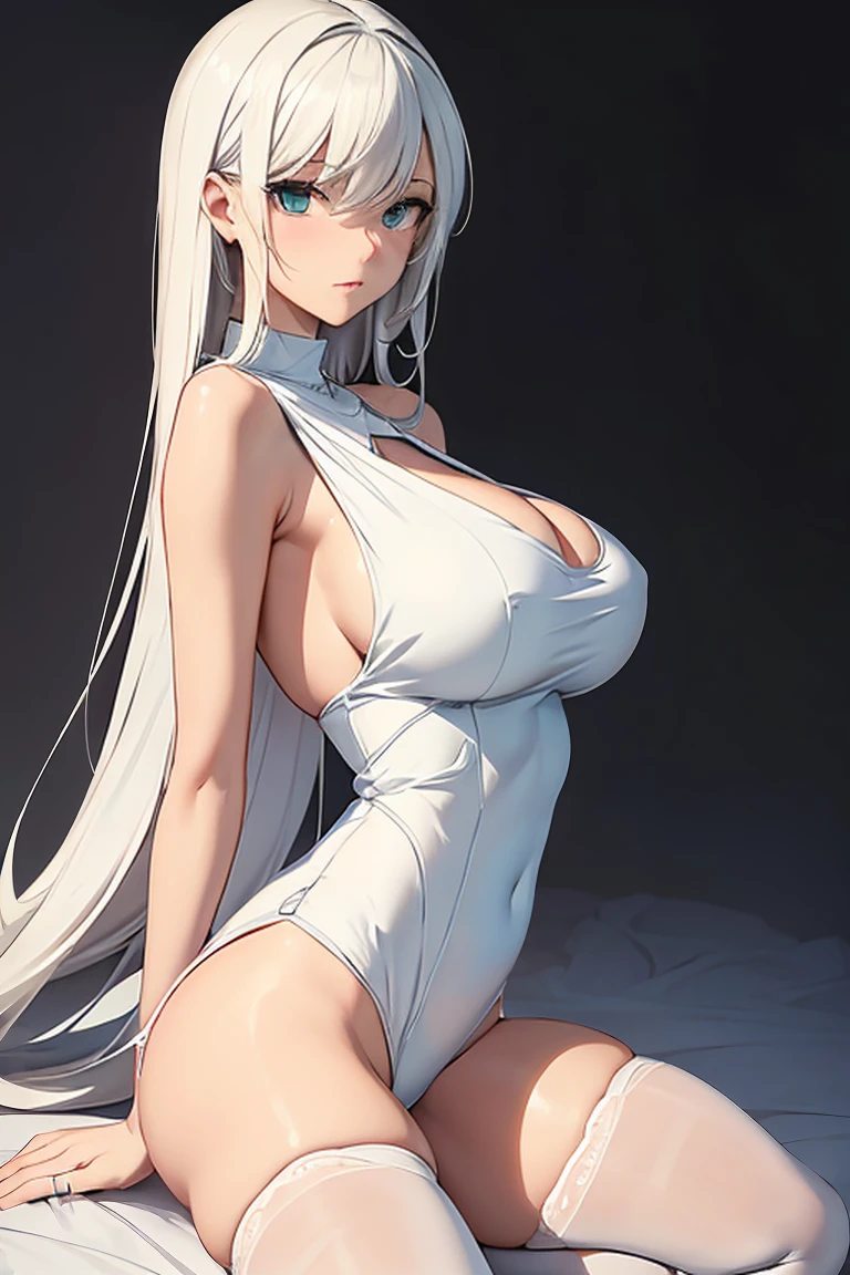 (girl1), (woman1), (Girl solo portrait:1,5), (slender body), (structured), (hot), (mature and sexual body), (big ass), (mature and sexual body) , (slender body), (physical attributes such as large breasts and ass), (white skin color), (super mega hyper giant breasts: 1.5), (with long green hair),(Green eyes), (green eyes), (woman of 18 years old, with white socks), (wears), +, (and a sexy dress, dressed in a heroine costume consisting of a white sleeveless jumpsuit, and the jumpsuit shows her legs which makes her very sensual, look at the size of her breasts , are size AA+), (anime), Best quality. NSfW,hentai