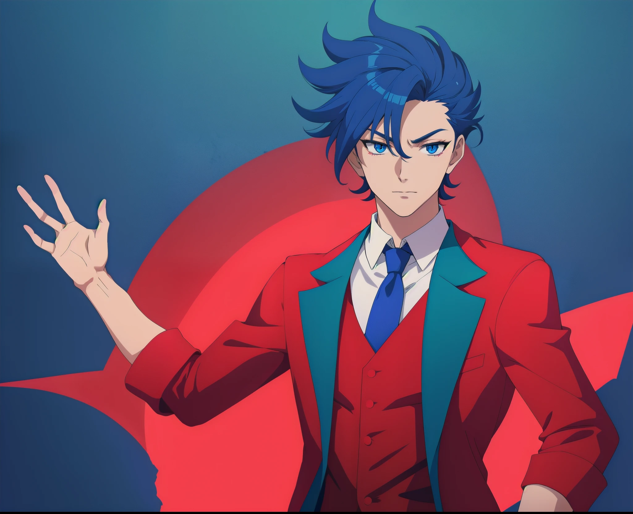 anime boy, dark blue hair, blue eyes, red suit, red coat, blue tie (beautiful and aesthetic:1. 5), thick black lineart, clean lineart, perfect lineart, sharp lineart, best quality, high quality, best quality, ultra-detailed, HD, beautiful lighting, 