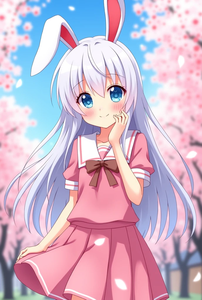 Anime girl kawaii with white long hair blue eyes bunny ears and pink japanese uniform