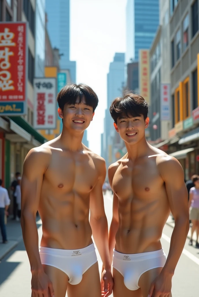 Two boys, cute, korean, upper body, in the street, bangs, muscle, sexy, white jockstrap underwear, abs, topless, city