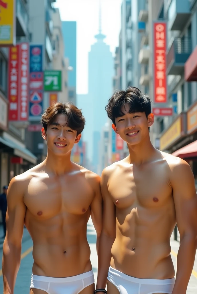 Two boys, cute, korean, upper body, in the street, bangs, muscle, sexy, white jockstrap underwear, abs, topless, city