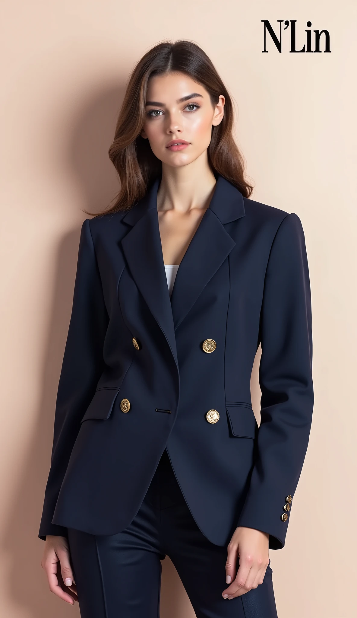 Create a fashion poster featuring a women's blazer as the main product, with the brand name 'N'Lin' prominently displayed in the image. The poster should exude elegance and sophistication, appealing to young women with a refined and trendy sense of style. Use a minimalist design with a clean background, focusing on the blazer's details and quality. The typography should be sleek and modern, and the placement of 'N'Lin' should be tasteful yet noticeable, reinforcing the brand's identity within the high-fashion market.