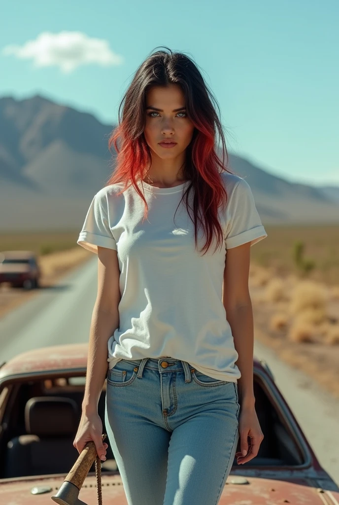 A 19-year-old woman stands on an abandoned car on a road full of abandoned cars holding a hatchet. She has blue eyes and black hair with red undertones, a big ass and big boobs. She is wearing light blue jeans and a white t-shirt with no bra underneath. Real photo, best quality, best lighting, front view