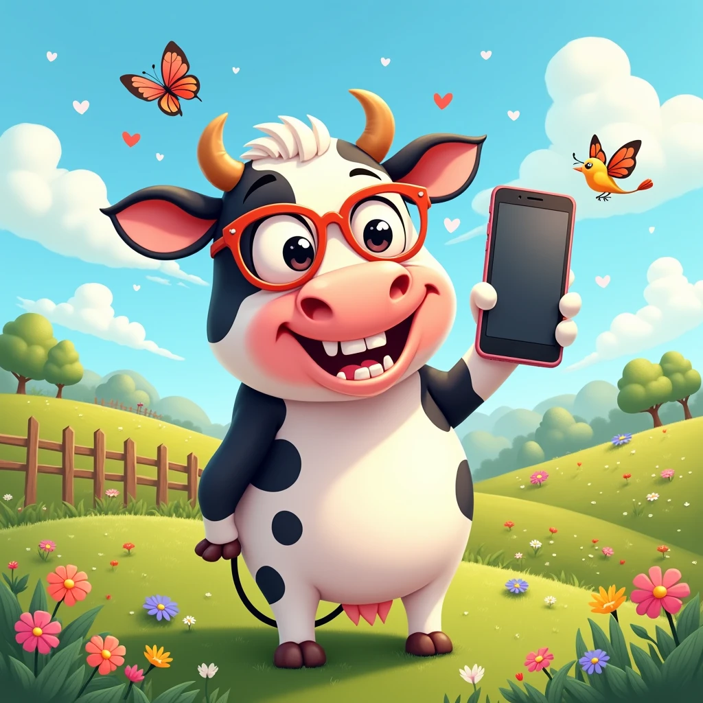 A funny cow takes a selfie wearing glasses