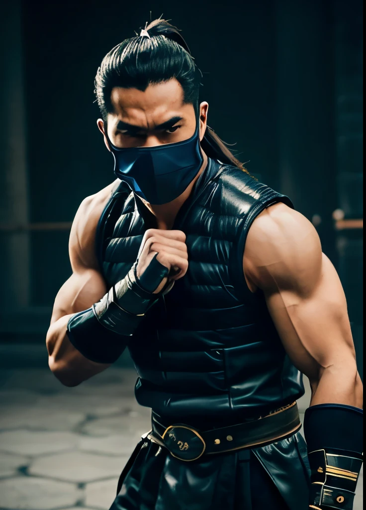 cinematic image of Sub-Zero KuaiLiang Mortal Kombat style, fictional universe consisting of several realms, Sub-Zero KuaiLiang with his blue mask and black accents a man with blue Sub-Zero style vest, solo, long hair, black hair, gloves, 1 boy, ponytail, male focus, fingerless gloves, facial hair, bandages, beard, mustache, live action, white sclerotic eyes, muscular, fitness, fighters, action-adventure, brutal and gruesome, Mortal Kombat style, mk style, shallow depth of field, vignette, highly detailed, high budget, bokeh, cinemascope, moody, epic, beautiful, film grain, grainy