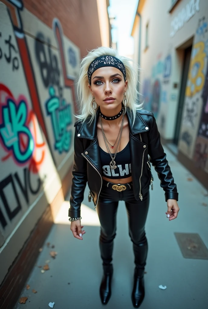 russian woman, platinum blonde hair with black parsley bandana headband, with very light blue eyes, pale, heavy eye shadows. Sad face, smeared make up, runny mascara. Wearing black moto jacket, cropped metal band t-shirt, leather skinny jeans and black snakeskin cowboy boots . Lots of metallic braceles and collars. Tacky leather belt with oversized buckle. Wide loop earrings. Barely can walk. Hands like claws