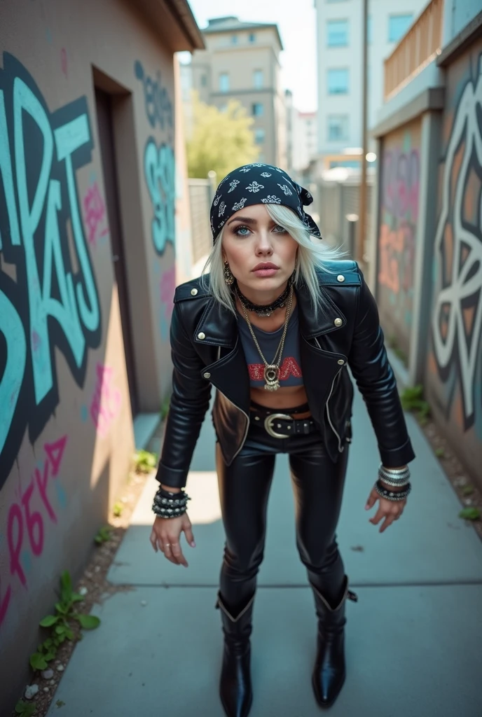russian woman, platinum blonde hair with black parsley bandana headband, with very light blue eyes, pale, heavy eye shadows. Sad face, smeared make up, runny mascara. Wearing black moto jacket, cropped metal band t-shirt, leather skinny jeans and black snakeskin cowboy boots . Lots of metallic braceles and collars. Tacky leather belt with oversized buckle. Wide loop earrings. Barely can walk. Hands like claws