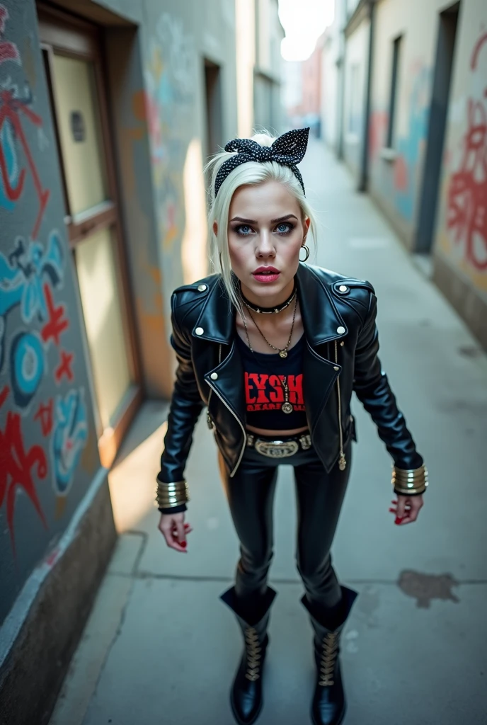 russian woman, platinum blonde hair with black parsley bandana headband, with very light blue eyes, pale, heavy eye shadows. Sad face, smeared make up, runny mascara. Wearing black moto jacket, cropped metal band t-shirt, leather skinny jeans and black snakeskin cowboy boots . Lots of metallic braceles and collars. Tacky leather belt with oversized buckle. Wide loop earrings. Barely can walk. Hands like claws
