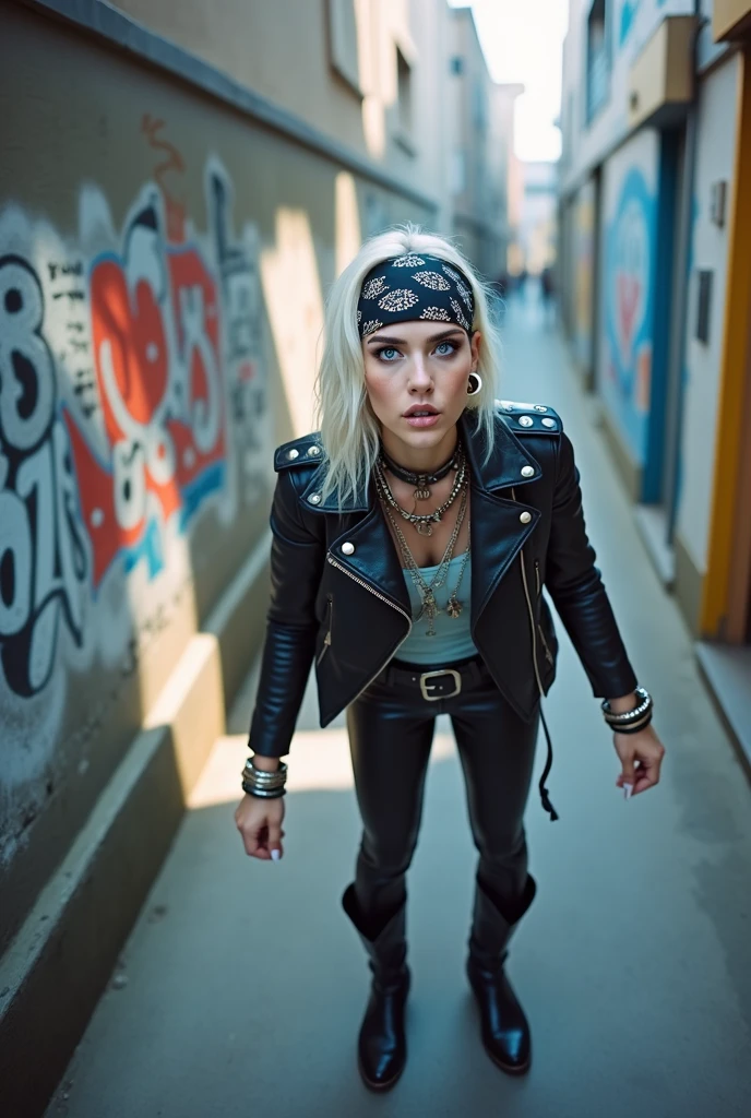 russian woman, platinum blonde hair with black parsley bandana headband, with very light blue eyes, pale, heavy eye shadows. Sad face, smeared make up, runny mascara. Wearing black moto jacket, cropped metal band t-shirt, leather skinny jeans and black snakeskin cowboy boots . Lots of metallic braceles and collars. Tacky leather belt with oversized buckle. Wide loop earrings. Barely can walk. Hands like claws