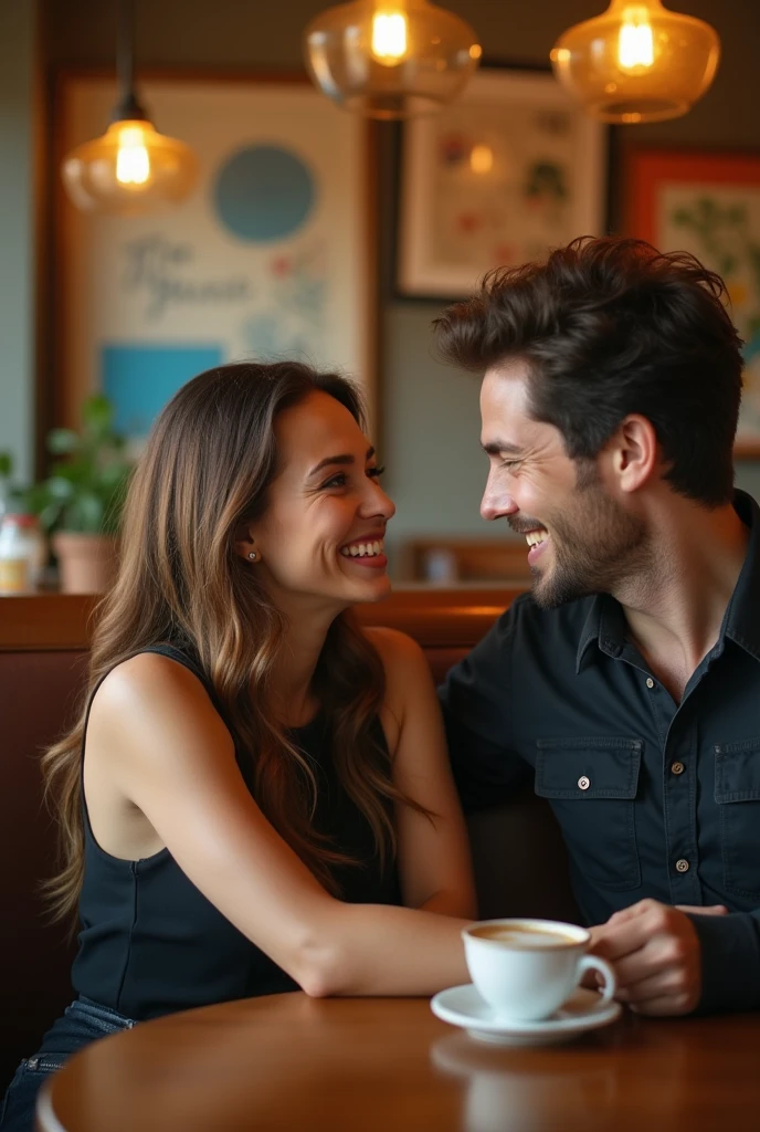 "A scene in a modern and relaxed social environment, like a coffee shop or a party. The 45-year-old Brazilian woman, light brunette, with long, loose hair, she is smiling and looking at a 20-year-old man with a seductive and confident gaze. She wears elegant and modern clothing that reflects her style and personality. The man, with a young and laid-back look, is visibly interested and captivated by the attention. The surrounding environment is welcoming, with soft lighting and contemporary decor. The image should capture the friendly interaction and flirtation between the two, conveying a sense of charm and connection between them."