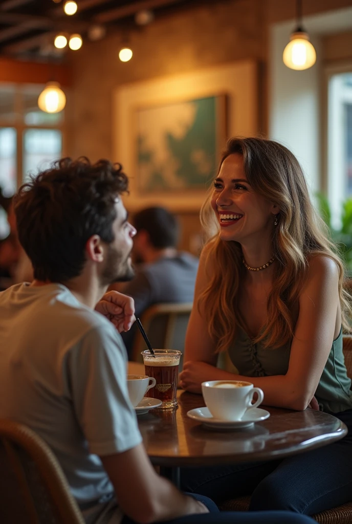 "A scene in a modern and relaxed social environment, like a coffee shop or a party. The 45-year-old Brazilian woman, light brunette, with long, loose hair, she is smiling and looking at a 20-year-old man with a seductive and confident gaze. She wears elegant and modern clothing that reflects her style and personality. The man, with a young and laid-back look, is visibly interested and captivated by the attention. The surrounding environment is welcoming, with soft lighting and contemporary decor. The image should capture the friendly interaction and flirtation between the two, conveying a sense of charm and connection between them."