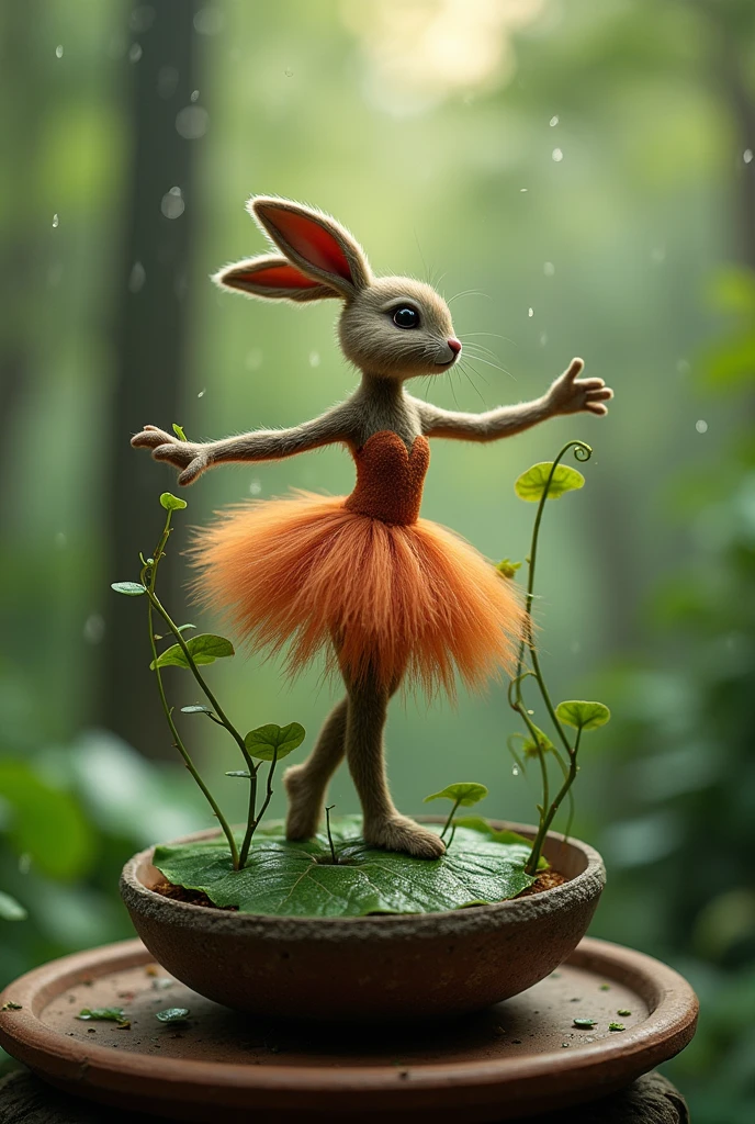 A whimsical sculpture of graceful dancer made rabet , poised elegantly on a round leaf atop a rustic claypot; the backround features a lunsh enchanted forset with soft raindrops cascadin down creating a serence and magical atmospher. The dancer”s anms are outstretced; and delicate tendrils of vines curl around her figure enhancing the organic feel the scene is illuminated with soft natural lighting capturing the intricate details of the leaves and the tranquil beauty of the forest setting