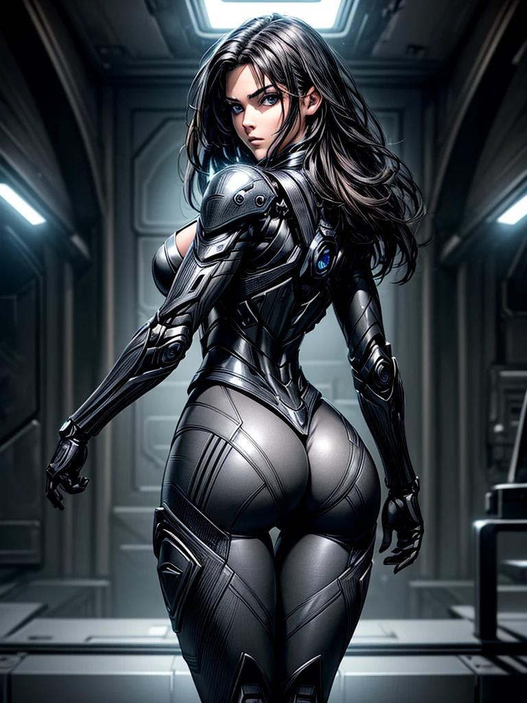 masterpiece, best quality, ultra realistic, hyper-detailed, 8k resolution, RAW photo, sharp focus, (1girl), solo, gorgeous face, perfect body, teen female, 15yo, portrait, mecha, dark grey armor, nanosuit, sexy, messy hair, cinematic, butt, Buttocks, cinematic light, dark theme