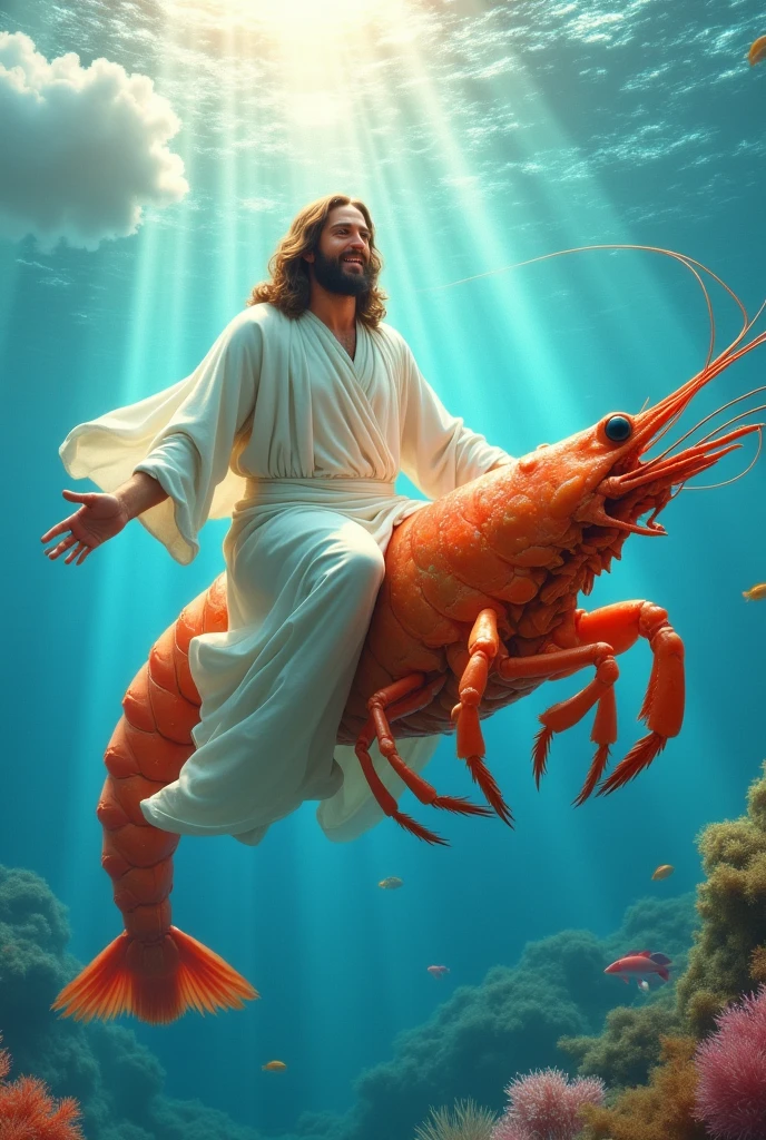 Jesus riding a shrimp in the sea