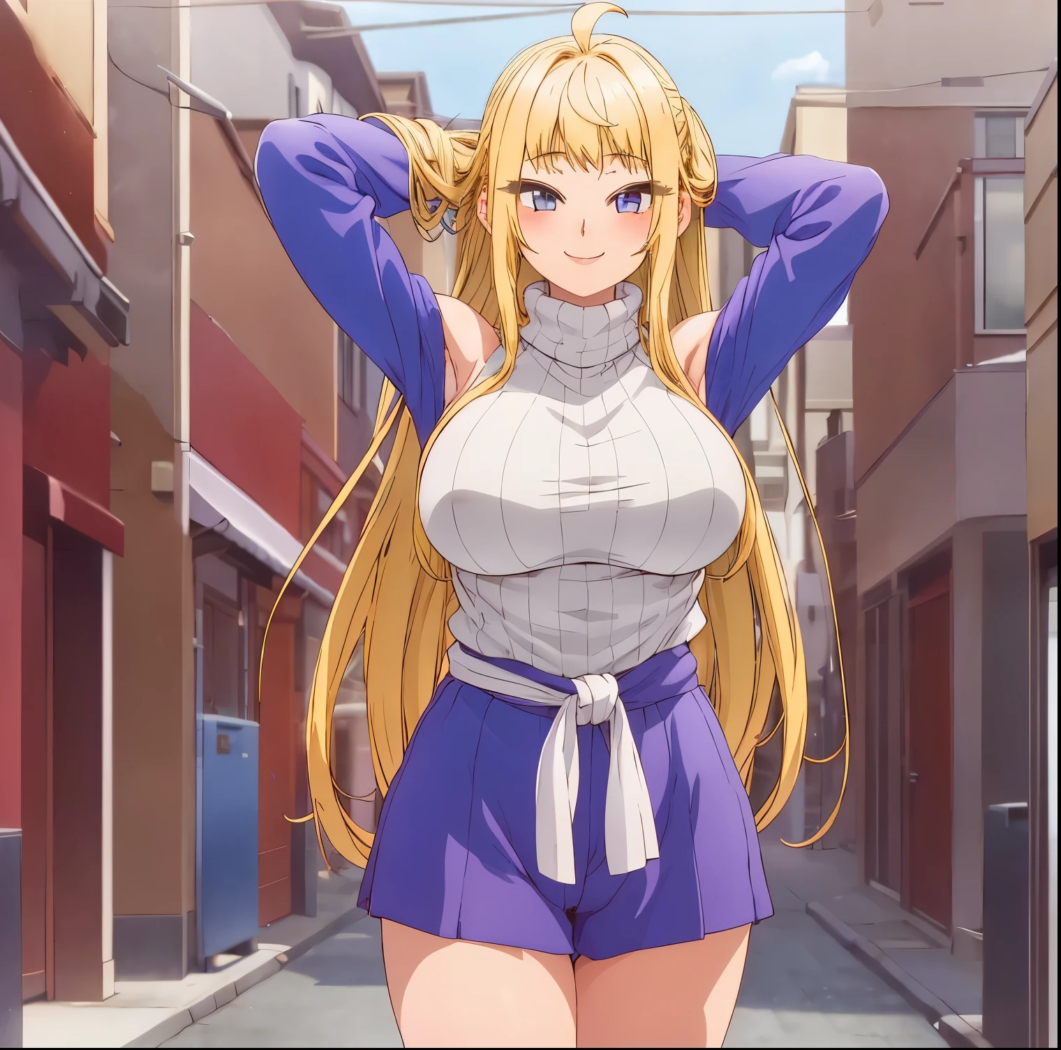 1girl, alone, minami fuyuki,masterpiece,best quality,highres,ultra-detailed,bbminami,long hair,large breasts,ahoge,sweater,turtleneck,street,smile,standing,sleeveless,arm_behind_head,arms_up,big breasts, medium waist, wide hips, wide thighs