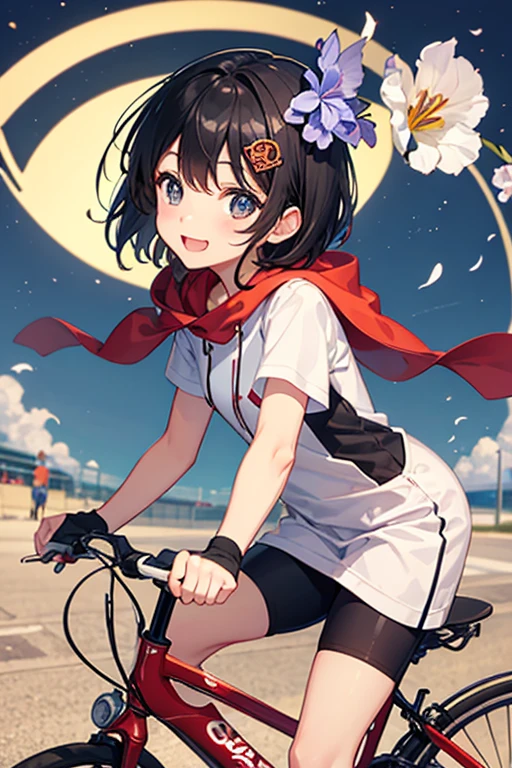 Highest quality、Black Hair、Iris、short hair、、cute、、、Small hair ornament、1 person、ride a bicycle、A happy look、Healthy and bright、Cycling Wear