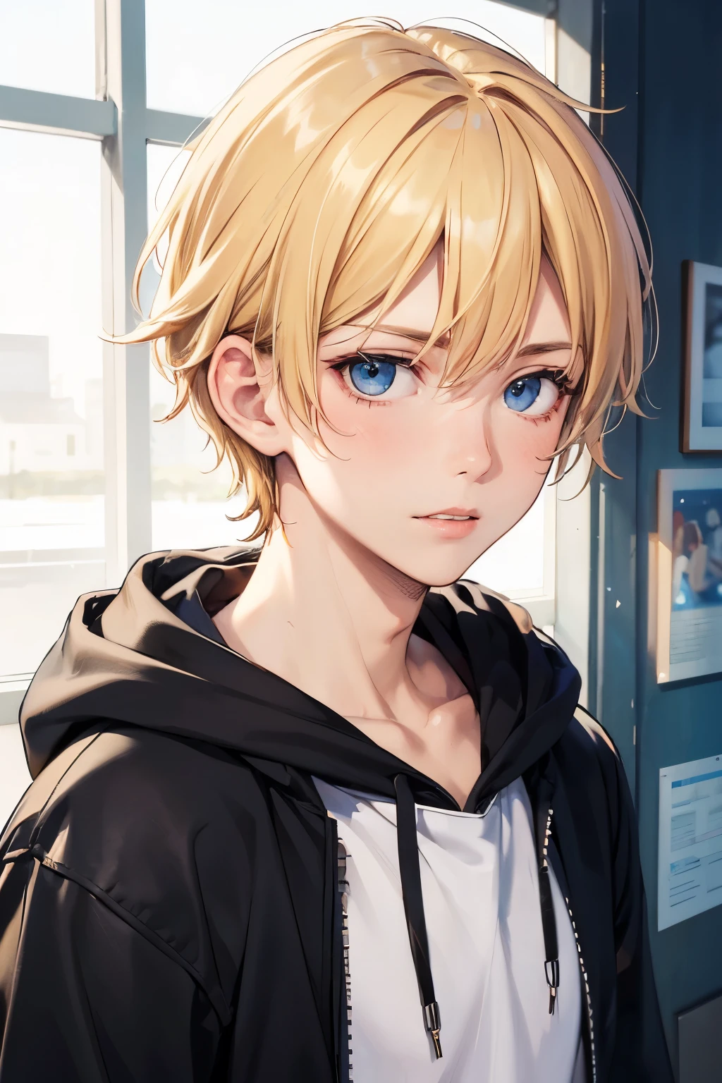 Portrait of a European Boy,alone,20 years,Beautiful Face,Upper Body,Medium Curl Short, Blonde, Sharp focus,hoodie