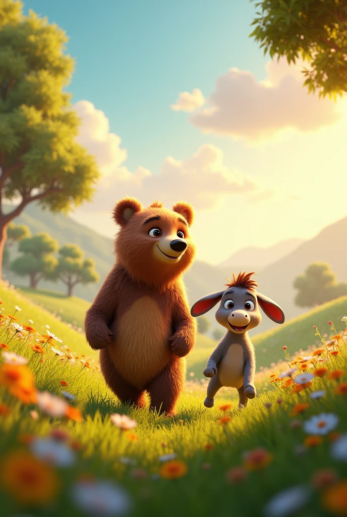 Bear and donkey 3d animation picture in landscape 