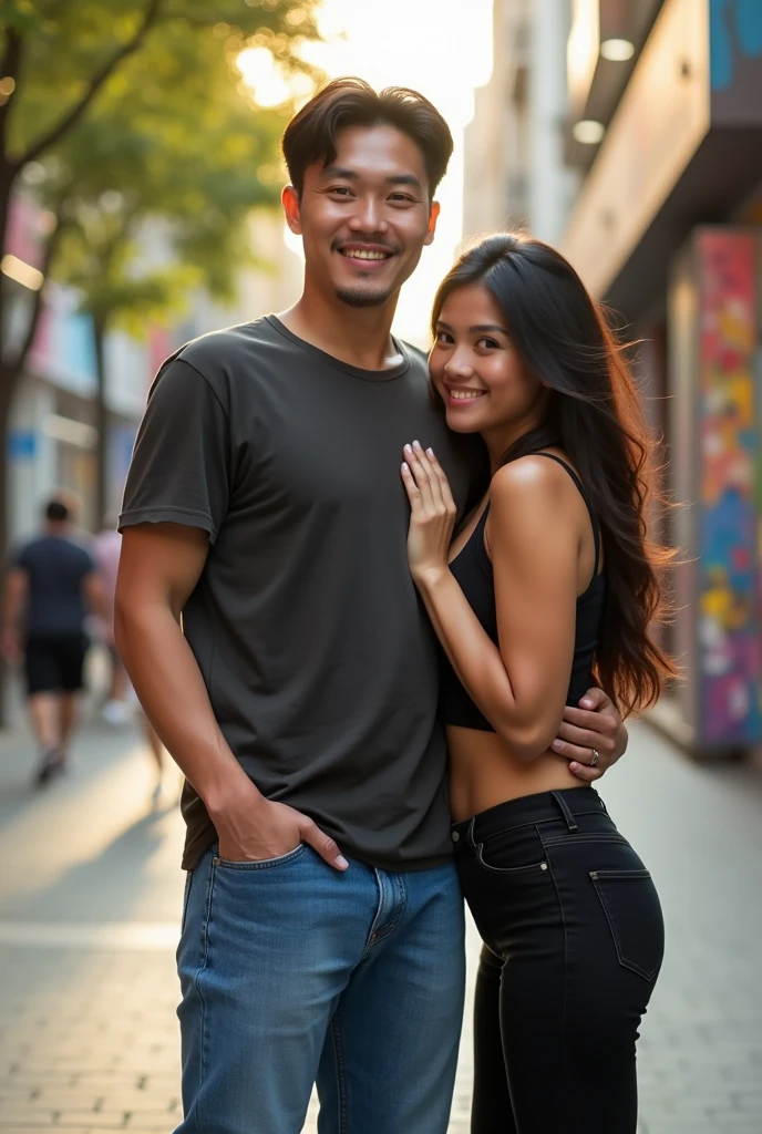 An Asian man is standing wearing a short-sleeved t-shirt and long blue jeans, A beautiful woman hugs from the side wearing a black tank top, black jeans, A woman's hand reaches into the front pocket of a man's pants.