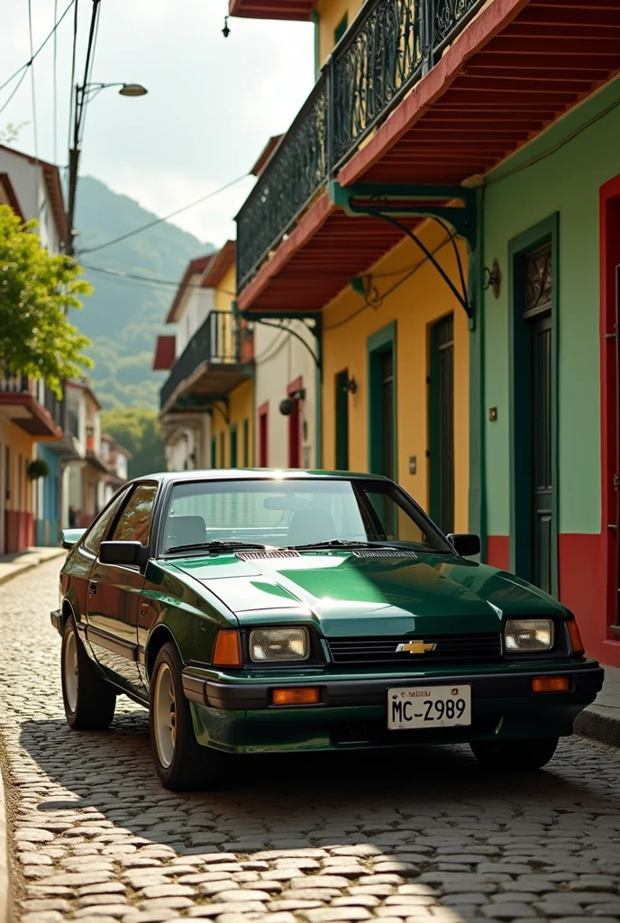Dark green modern Chevette painting with a diagonal Chevrolet logo and a MCZ 1989 license plate in front of a street with cobblestones and old houses in northeastern Brazil.