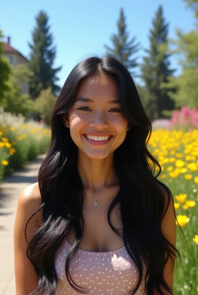A 19-year-old woman with black hair, light brown skin, beautiful, lovely, wonderful, beautiful smile