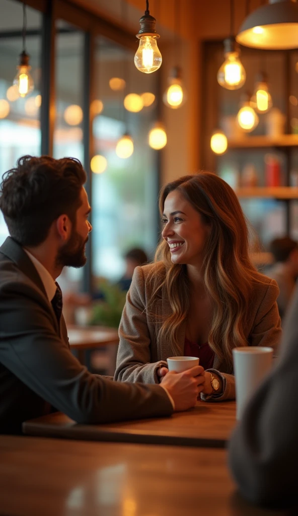"A scene in a modern and relaxed social environment, like a coffee shop or a party. The 45-year-old Brazilian woman, light brunette, with long, loose hair, she is smiling and looking at a 20-year-old man with a seductive and confident gaze. She wears elegant and modern clothing that reflects her style and personality. The man, with a young and laid-back look, is visibly interested and captivated by the attention. The surrounding environment is welcoming, with soft lighting and contemporary decor. The image should capture the friendly interaction and flirtation between the two, conveying a sense of charm and connection between them."