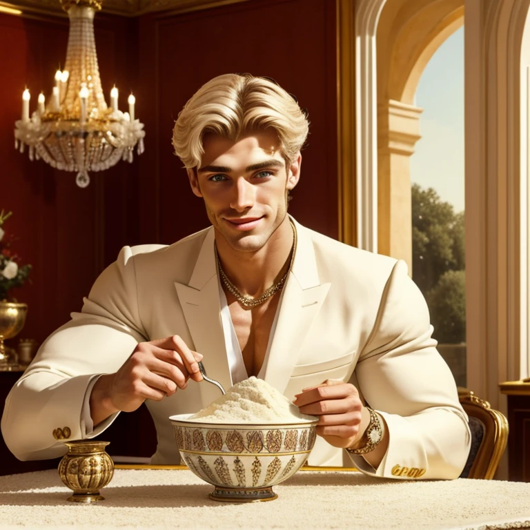 one wealthy young white handsome european hype fashion man looking happy, sniffing directly  a small bowl full of thin white flour, on A table of great value, rich well-decorated mansion