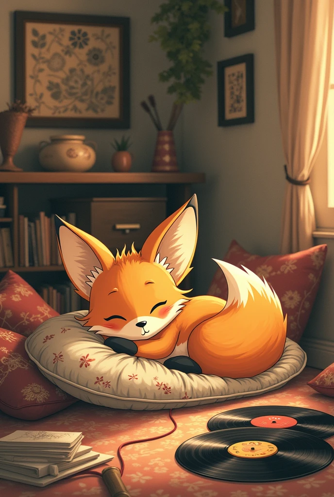 Fox lofi art style anime manga 2d sepia