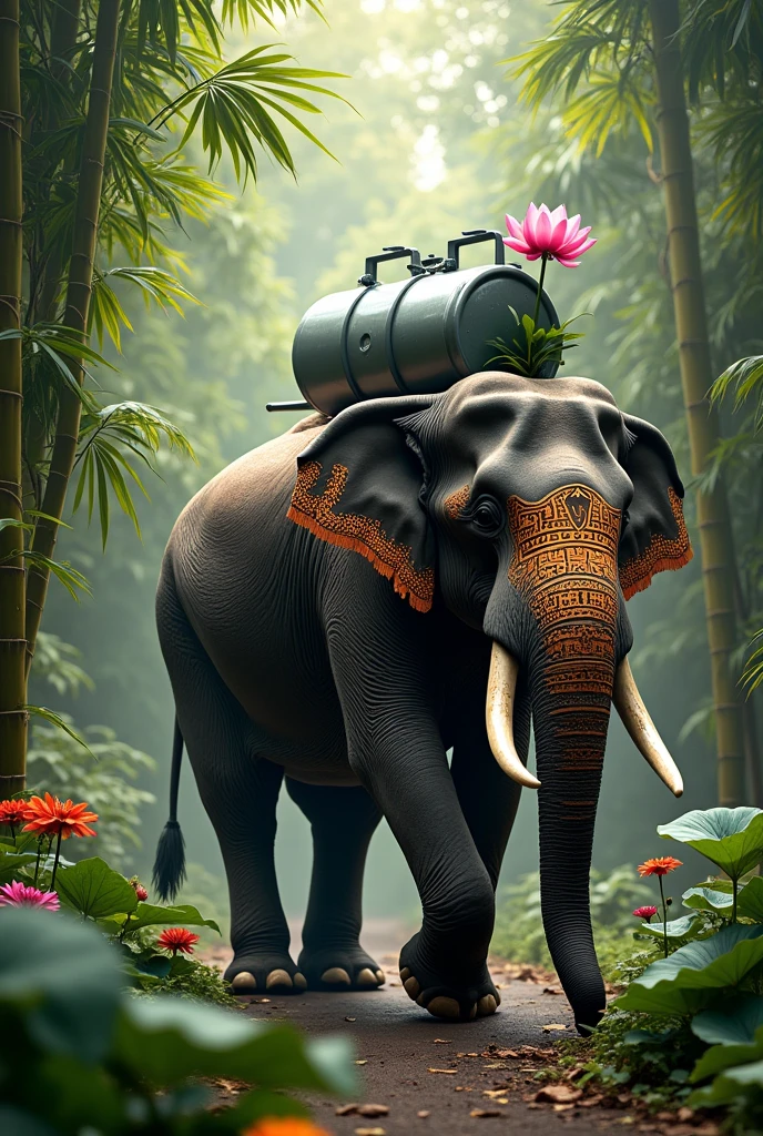 An elephant carries a gas tank on its back and a pink lotus bud in its trunk