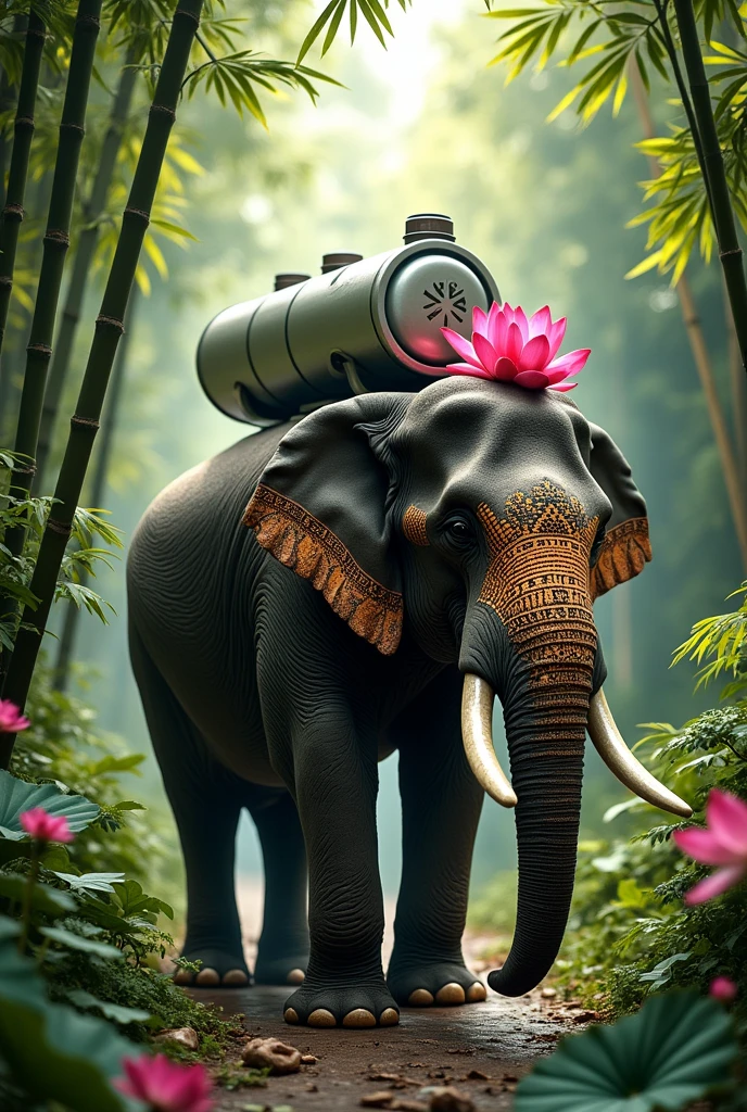 An elephant carries a gas tank on its back and a pink lotus bud in its trunk