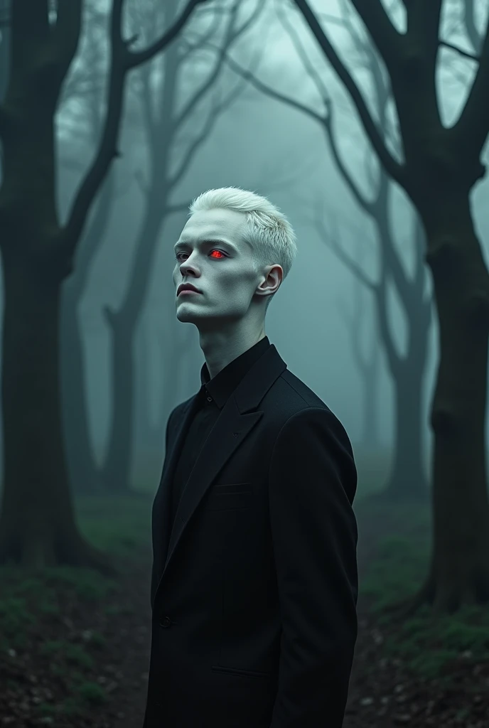 Albino man, pale translucent skin, short platinum white hair, Your sclera is black and your iris is red.