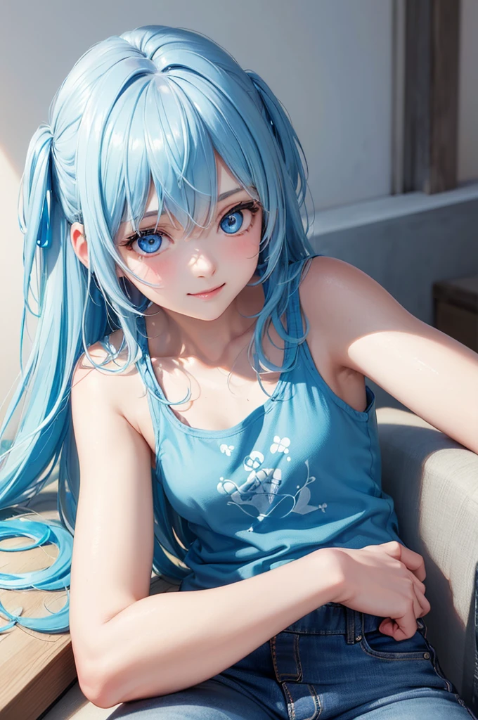 Best Quality,High resolution,8k,(plain white background, no patterns, no textures, just a plain white background:1.3),Masterpiece:1.2),beautiful girl,Shiny light blue hair,messy hair,Light blue eyes,A girl dressed in a light, sleeveless denim jacket over a skull print tank top, paired with cutoff shorts and combat boots, embracing a summer rock aesthetic,Gentle look,A refreshing look,smile,Best quality,Best Quality,Aesthetic and aesthetic:1.2,Best details((Super detailed))(High-definition CG illustrations),Slender body,smile,blush,cute,Scrounge,Looking up,Being spoiled,super model