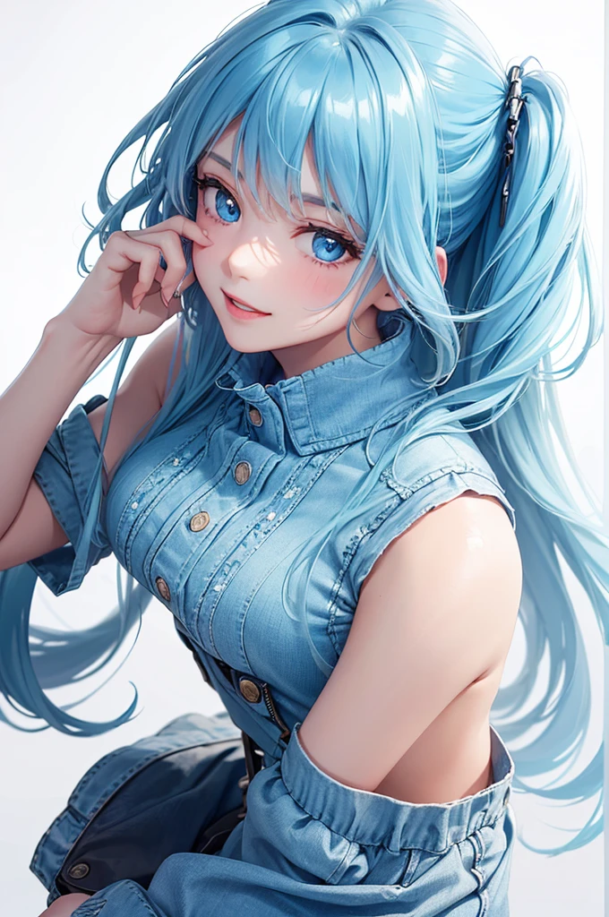 Best Quality,High resolution,8k,(plain white background, no patterns, no textures, just a plain white background:1.3),Masterpiece:1.2),beautiful girl,Shiny light blue hair,messy hair,Light blue eyes,A girl dressed in a light, sleeveless denim jacket over a skull print tank top, paired with cutoff shorts and combat boots, embracing a summer rock aesthetic,Gentle look,A refreshing look,smile,Best quality,Best Quality,Aesthetic and aesthetic:1.2,Best details((Super detailed))(High-definition CG illustrations),Slender body,smile,blush,cute,Scrounge,Looking up,Being spoiled,super model